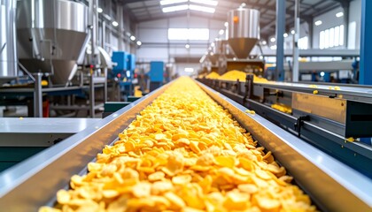 Potato chips factory production line showing mass snack manufacturing process with automated conveyor in a modern industrial facility.