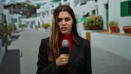 Woman reporter holding microphone on sunny street backdrop conveying journalism and news atmosphere...