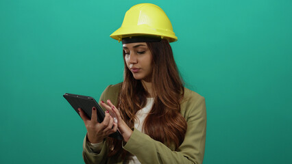 Hispanic woman architect using tablet while wearing hardhat against green background wall, focusing on engineering tasks, showcasing her professional skills and dedication.