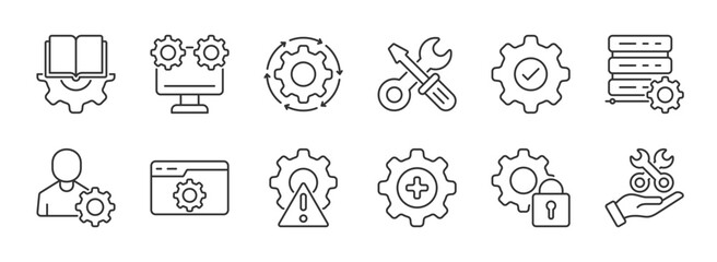 Settings and setup line icon set collection . Option, installation, regulation and control tool. Outline vector icon in linear style. Series of pictograms. eps 10