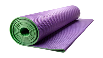 Rolled purple and green yoga mat for fitness, exercise, and relaxation isolated on transparent background