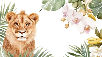 Detailed lion with watercolor orchids and jungle leaves including palm and banana foliage