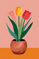 Three Tulips in Pot on Table