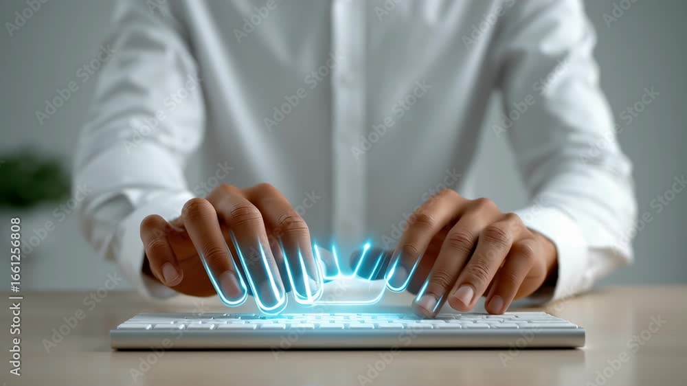Poster hands typing on sleek keyboard with glowing digital effects. contemporary office setting with minima