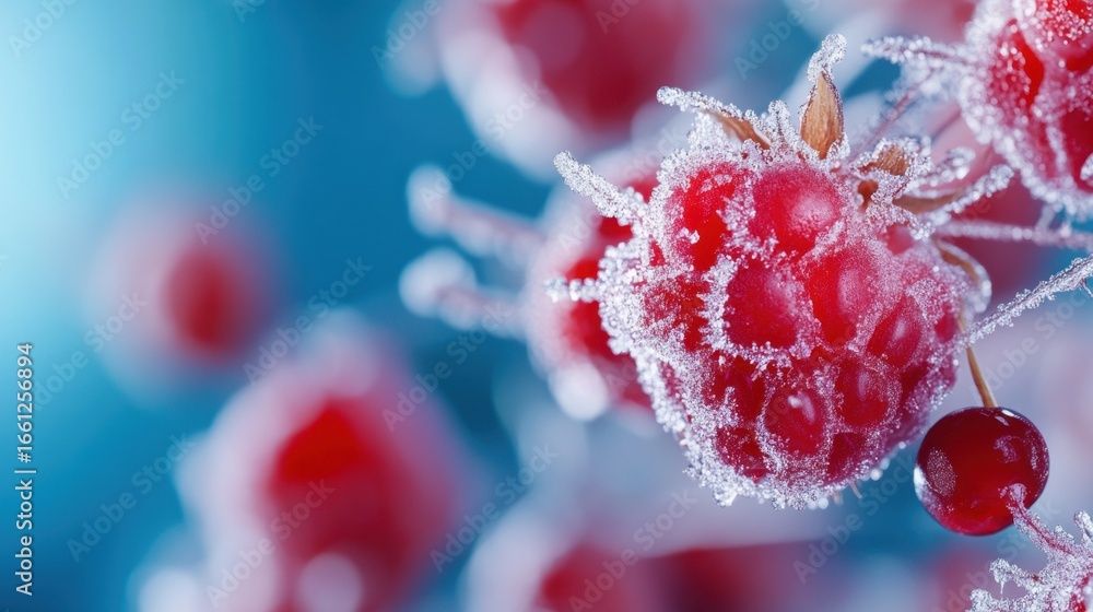 Poster detailed macro shot of a frozen raspberry, surface texture and micro hairs emphasized with natural l