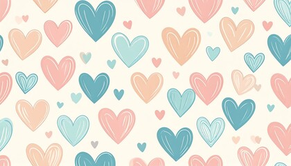 Pastel hand drawn hearts seamless background with teal, peach, and cream colors, ideal for romantic, wedding.