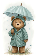 Teddy Bear in Raincoat with Umbrella Illustration