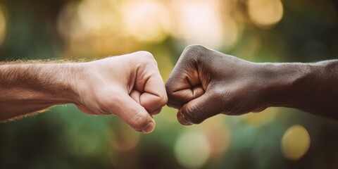 The powerful connection of diverse hands in a joyful fist bump.