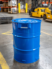 Naklejka premium A blue barrel in an industrial warehouse setting.