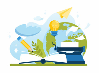 World Book Day. World Writer's Day. A typewriter as a symbol of a novice author. The concept of literature. Flat vector illustration in cartoon style