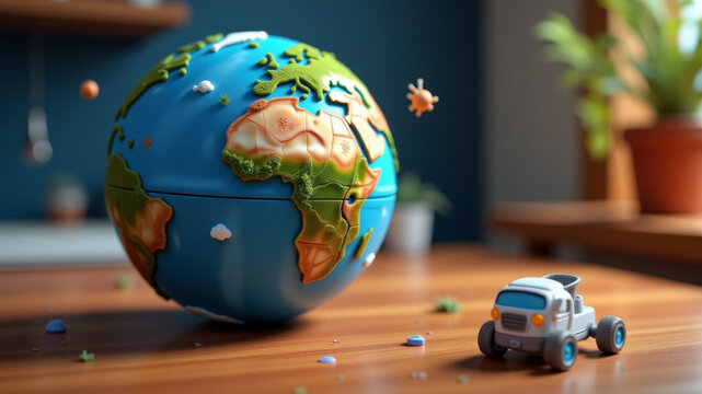 Toy car next to miniature globe on table representing travel dream in playful concept - Powered by Adobe