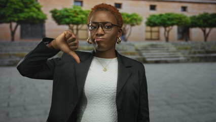 Woman shows thumb down gesture on sunlit old town street with masonry building behind her;...