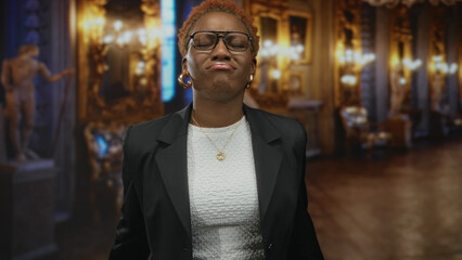 Woman in black blazer and white top clenches fists near face in an ornate museum hall filled with...