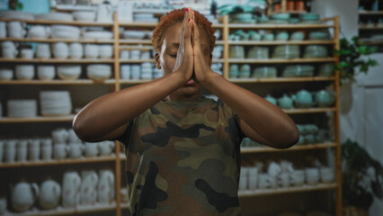 Woman soldier wearing camouflage uniform lifts arms with hands pressed overhead while closing eyes...