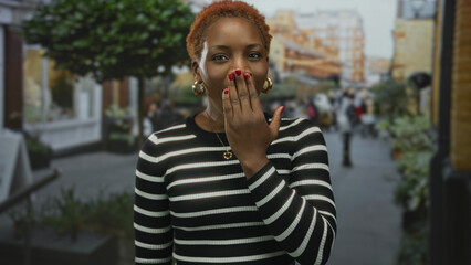 Woman with hand to lips for silence on street with colorful storefronts and blurred pedestrians...