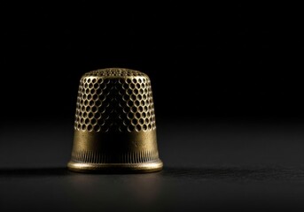 Vintage brass thimble with a pitted texture isolated on a solid black background