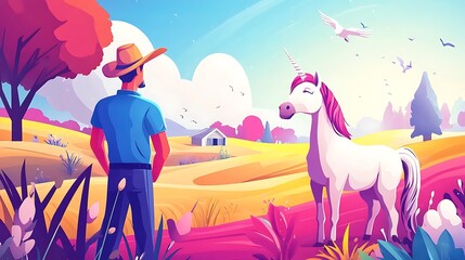 Man and unicorn in rural landscape