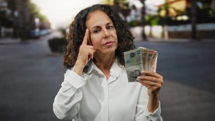 Woman outdoors in city street holding british banknotes pointing at head with emphasis on thinking...