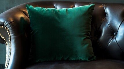 Luxurious velvet pillow in rich emerald green on a dark leather couch with brass decor accents in a modern industrial style room creating a sophisticated bold vibe