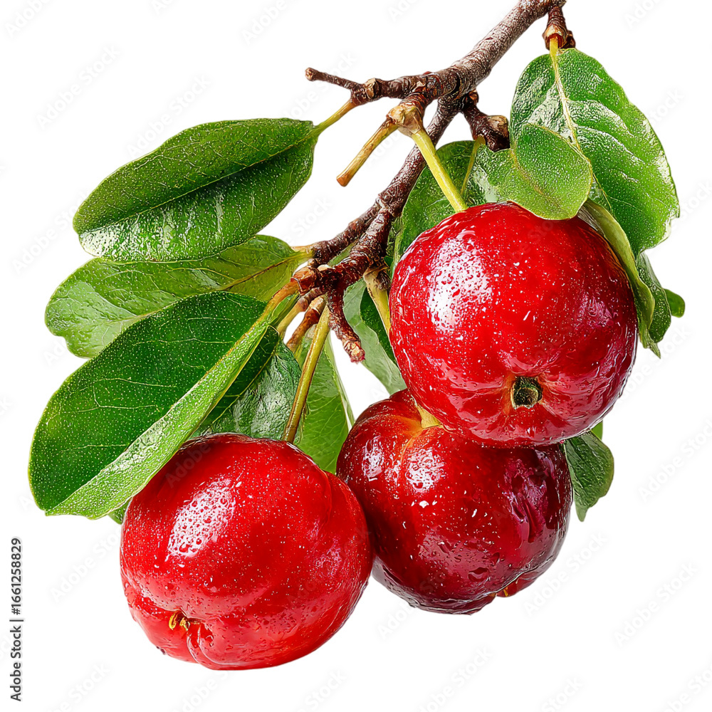 Poster close up of three red acerola cherries hanging from a branch with leaves isolated on transparent bac