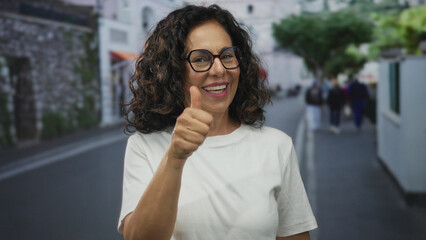 Middle age hispanic woman shows open hands presenting a product on a city street; approval optimism...
