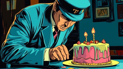 Man examining a birthday cake