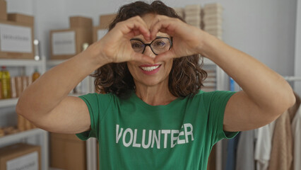 Woman wearing green volunteer shirt making heart shape with hands indoors at charity room with...