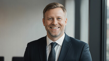 A well-dressed man with a friendly smile stands in a sleek office space, showcasing professionalism and approachability. Sunlight filters through large windows