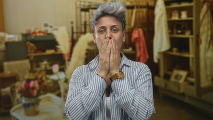 Woman with short gray hair touches cheek with index finger surrounded by shop items in indoor...