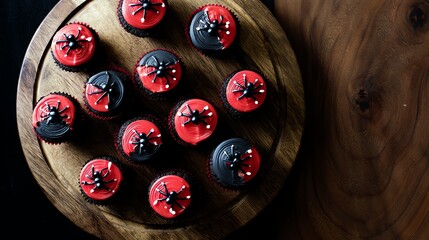 Delicious Spider Cupcakes on Wooden Board for Halloween Party Treat