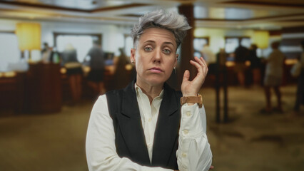Woman with short hair hand on chin wearing watch stands near reception desk in hotel building;...