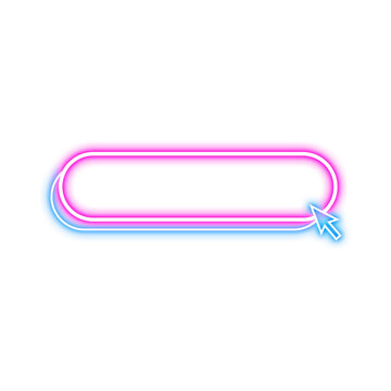 Glowing pink and blue neon button with cursor arrow.