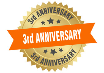 3rd anniversary. 3rd anniversary round orange and gold label isolated on transparent background