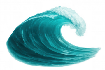 Powerful ocean wave crashing, generating white foamy spray against transparent backdrop, highlighting water dynamics and marine energy