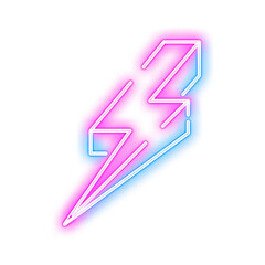 Glowing pink and blue neon lightning bolt sign on a white background.