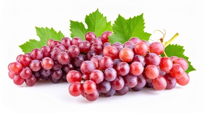 Fototapeta premium Fresh Red Grapes with Green Leaves Isolated on White Background
