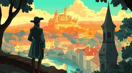 Man gazing at a colorful cityscape