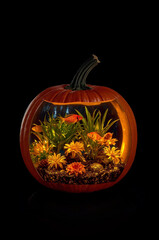Pumpkin Aquarium with Goldfish and Glowing Plants on Black Background