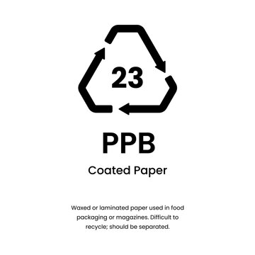 Recycle sign for 23 ppb coated paper material waste