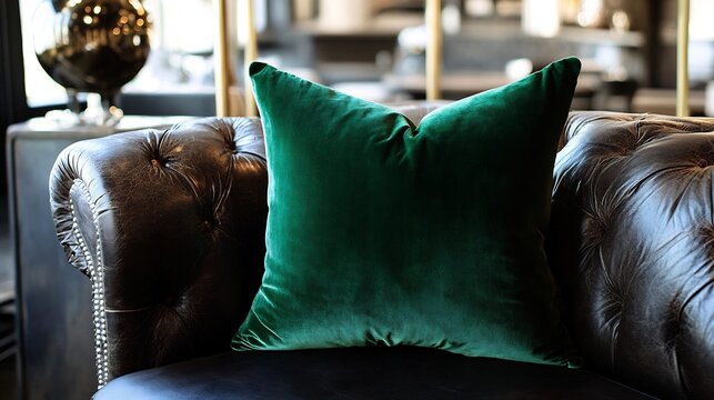 Luxurious velvet pillow in rich emerald green on a dark leather couch with brass decor accents in a modern industrial style room creating a sophisticated bold vibe