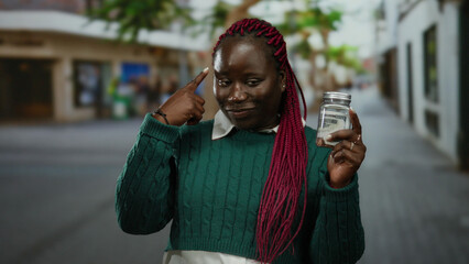African american woman holding a jar with us dollar banknote on a busy city street, wearing a green...