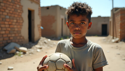 A young boy holding a old soccer ball in a village street. Child of war concept. For humanitarian aid and social issues.