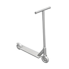 A detailed silver metallic three wheeled scooter with handlebars and footboard shown from a side angle isolated on transparent background