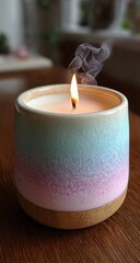 A vibrant, ombre-colored candle glows warmly