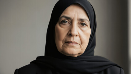 A mature woman with a hijab stands against a neutral backdrop, reflecting deep thought or seriousness. Her gaze is direct and profound, creating a powerful presence in the quiet atmosphere