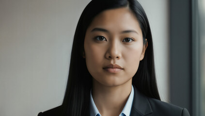 A young woman stands confidently in professional attire, looking directly at the camera. She is in a corporate office environment with natural light enhancing her features