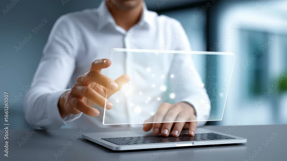 Poster individual engages with floating digital display above laptop keyboard in a sleek workspace. bright 