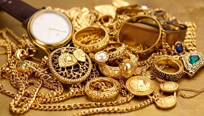 Assorted Gold Jewelry and Watch on Luxury Background