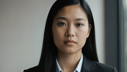 A businesswoman with long black hair wears a tailored suit. She stands confidently near a large window, absorbing natural light in a contemporary office during a corporate meeting