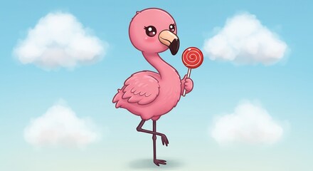 可愛いピンクのフラミンゴ 空背景 甘く微笑む ロリポップ. AI Generated